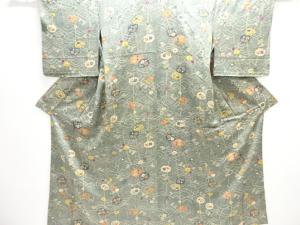 未使用品　仕立て上がり　波に枝花模様単衣小紋着物